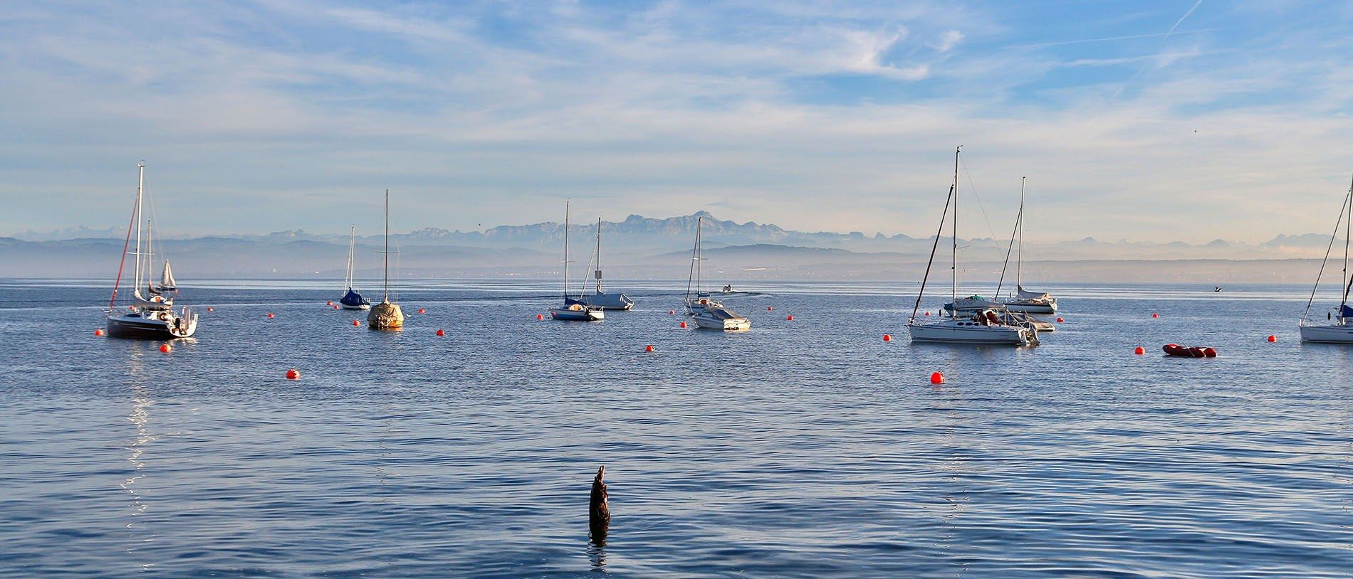 Segelboote vor Hagnau am Bodensee, dahinter der Säntis